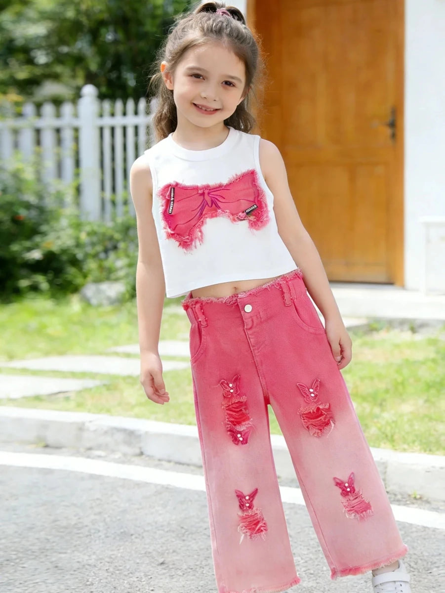 Girls Summer Outfit Set – Sleeveless Bow Top & Gradient Ripped Denim Wide Leg Pants, Fashionable Kids Casual Wear - Mom & Kids