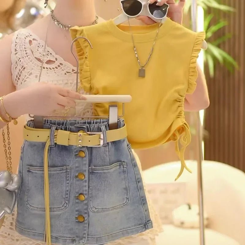 Girls' Summer Set 2026 New Children's Summer Sleeveless Yellow T-shirt+Cowboy Skirts Two-piece Set Without Belt - Mom & Kids