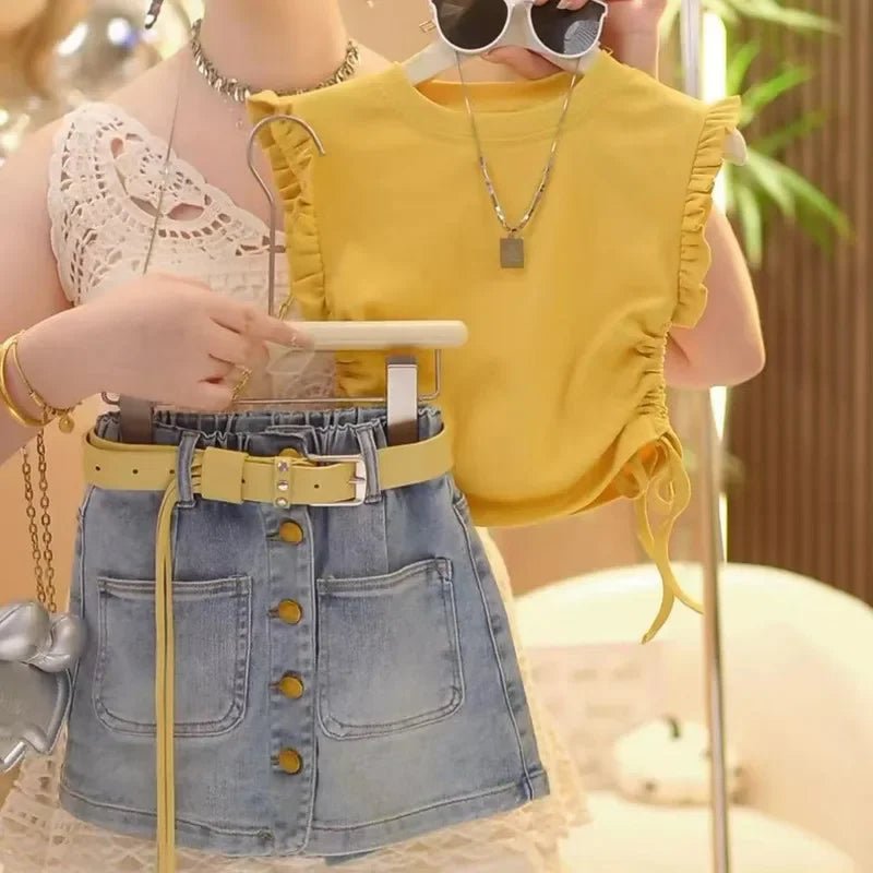 Girls' Summer Set 2026 New Children's Summer Sleeveless Yellow T-shirt+Cowboy Skirts Two-piece Set Without Belt - Mom & Kids
