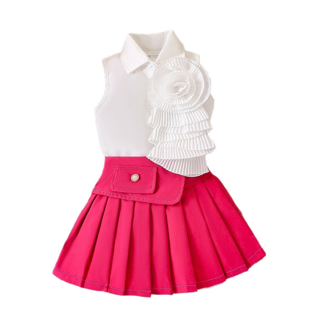 Girl's White Sleeveless Shirt With Rose Red Pleated Skirt Set (Available) - Mom & Kids
