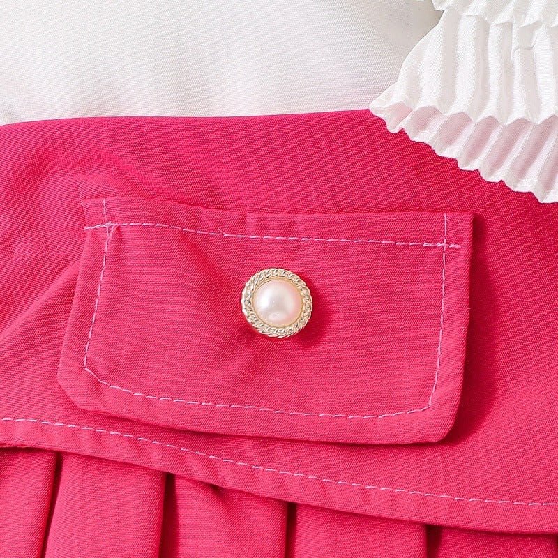 Girl's White Sleeveless Shirt With Rose Red Pleated Skirt Set (Available) - Mom & Kids