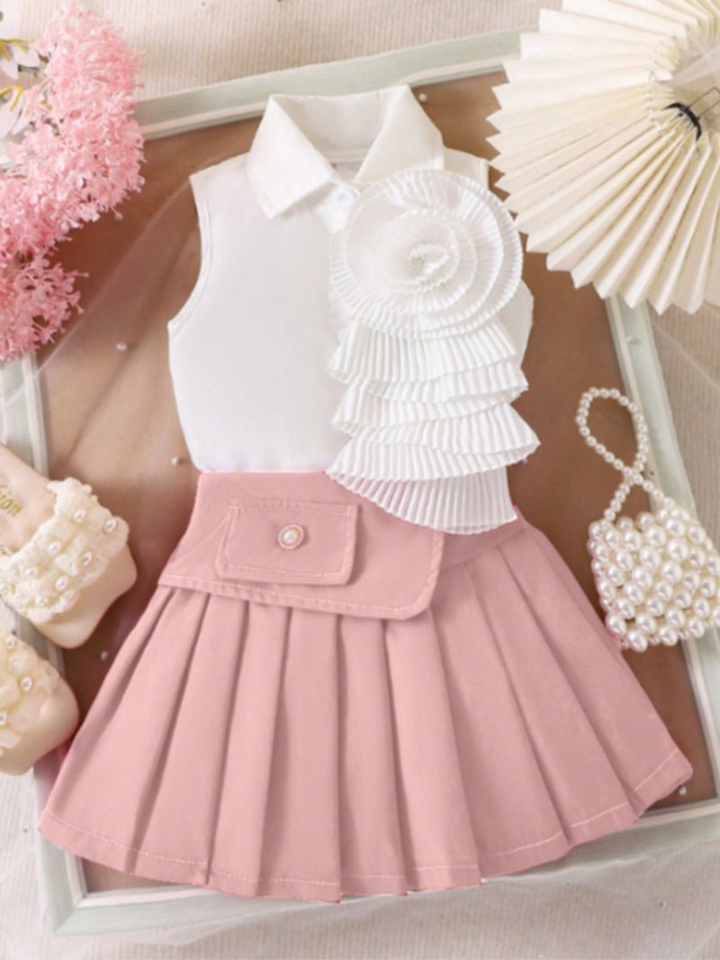 Girl's White Sleeveless Shirt With Rose Red Pleated Skirt Set (Available) - Mom & Kids