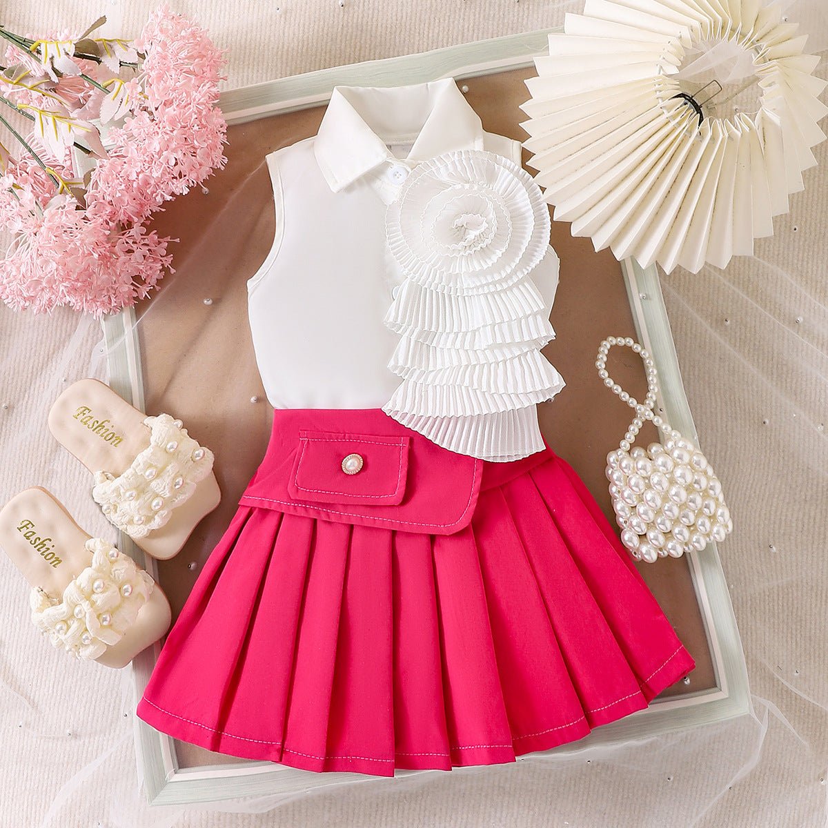 Girl's White Sleeveless Shirt With Rose Red Pleated Skirt Set (Available) - Mom & Kids