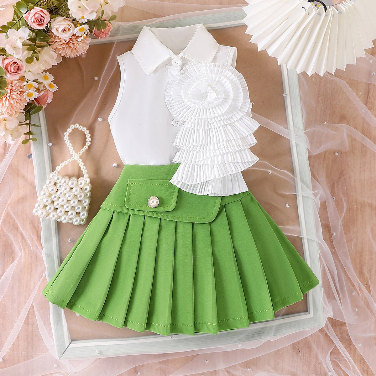 Girl's White Sleeveless Shirt With Rose Red Pleated Skirt Set (Available) - Mom & Kids