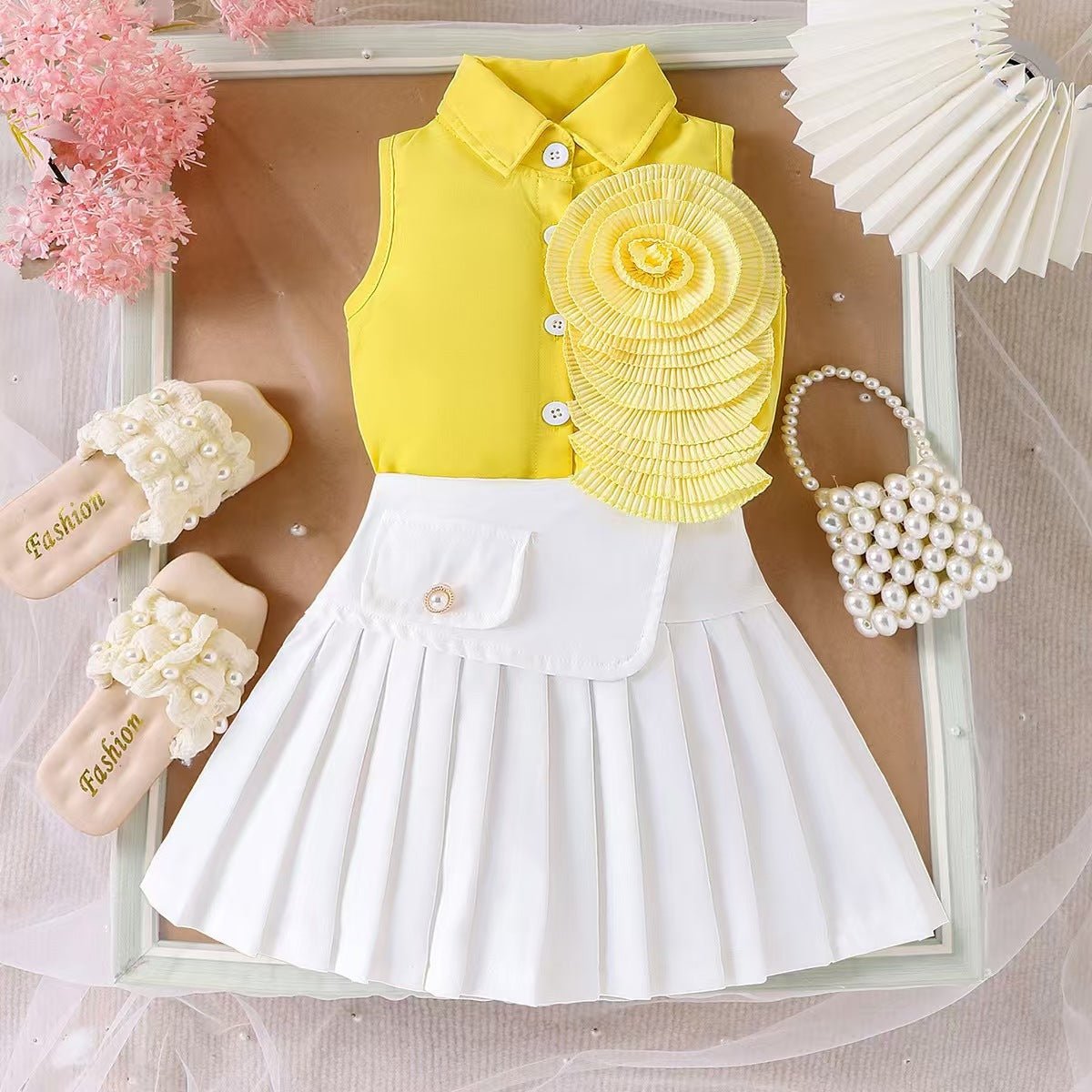Girl's White Sleeveless Shirt With Rose Red Pleated Skirt Set (Available) - Mom & Kids