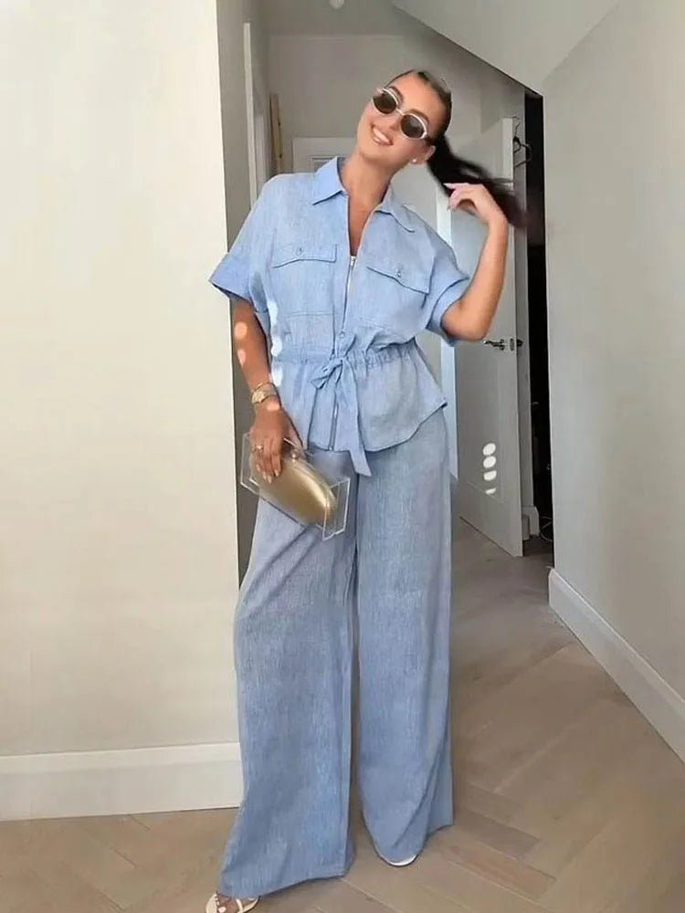HH Women Pants Suit Solid Short Sleeve Zipper Pocket Drawstring Design Shirt Top+Elastic Waist Loose Casual Wide-leg Pants - Mom & Kids