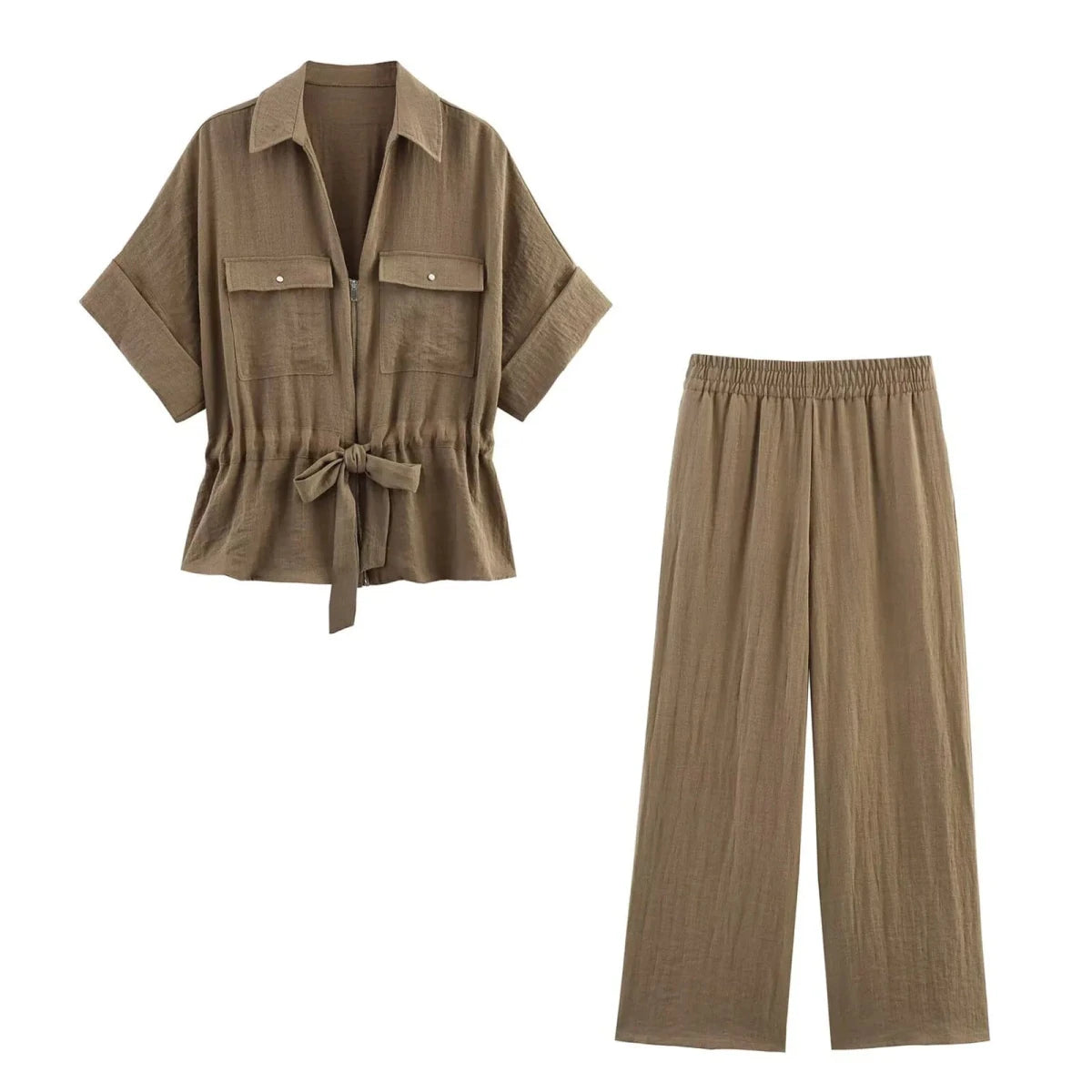 HH Women Pants Suit Solid Short Sleeve Zipper Pocket Drawstring Design Shirt Top+Elastic Waist Loose Casual Wide-leg Pants - Mom & Kids