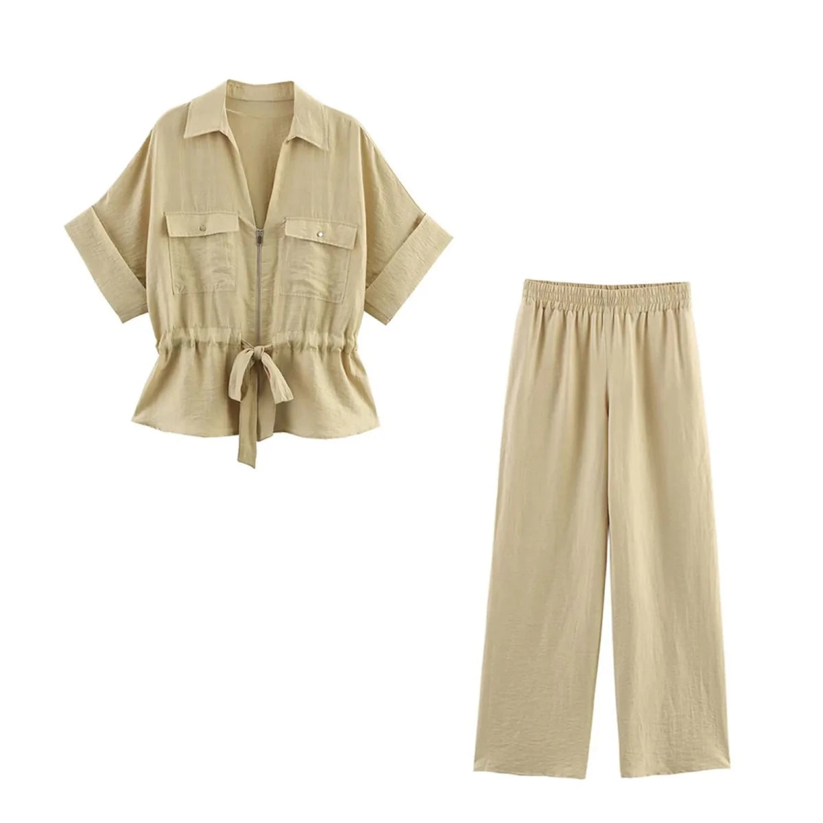HH Women Pants Suit Solid Short Sleeve Zipper Pocket Drawstring Design Shirt Top+Elastic Waist Loose Casual Wide-leg Pants - Mom & Kids