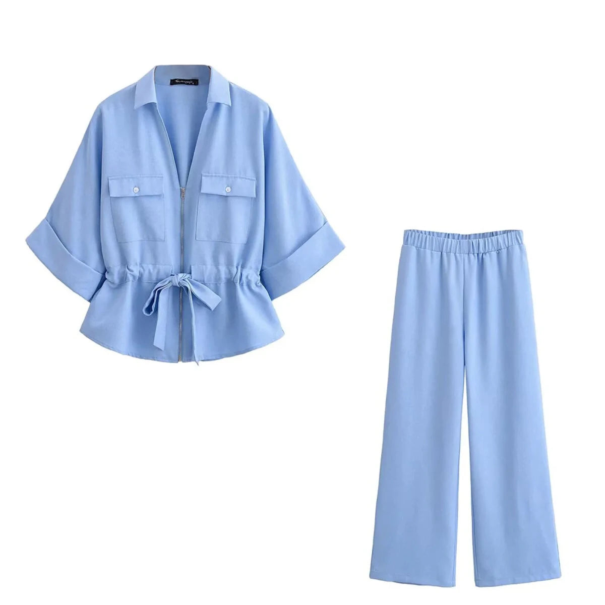 HH Women Pants Suit Solid Short Sleeve Zipper Pocket Drawstring Design Shirt Top+Elastic Waist Loose Casual Wide-leg Pants - Mom & Kids