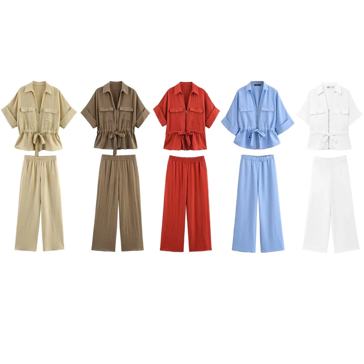 HH Women Pants Suit Solid Short Sleeve Zipper Pocket Drawstring Design Shirt Top+Elastic Waist Loose Casual Wide-leg Pants - Mom & Kids