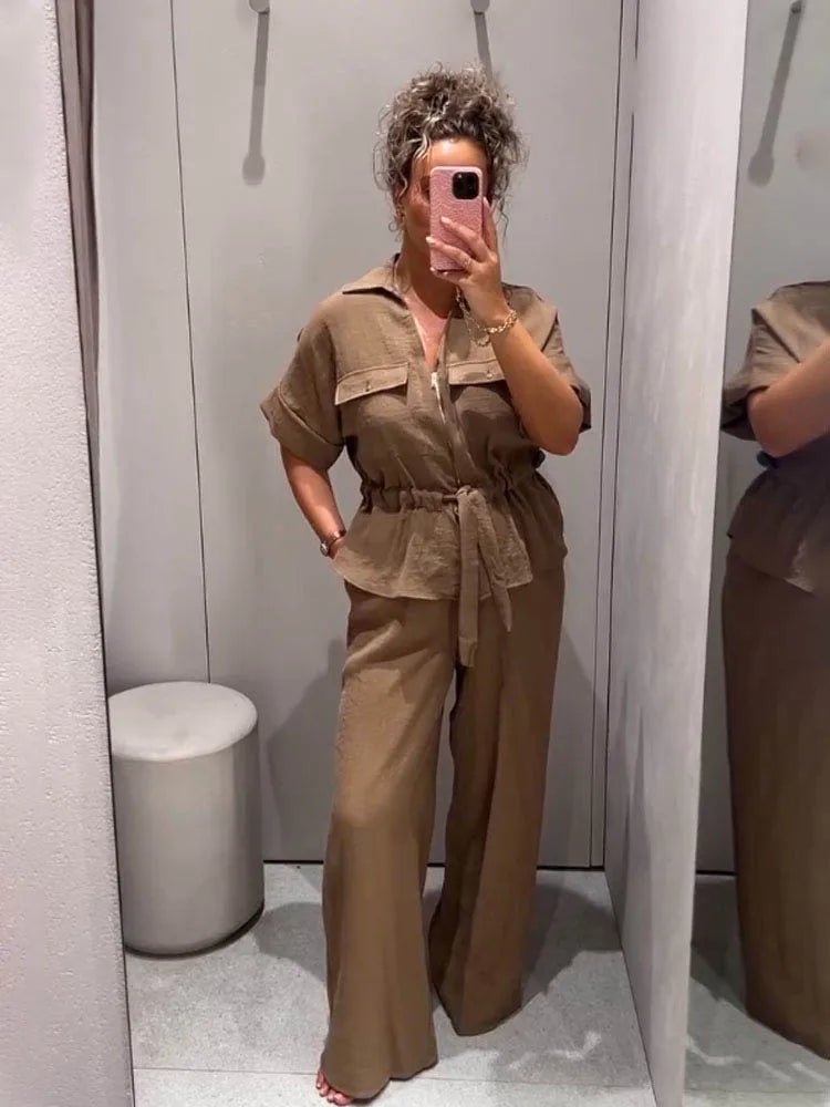 HH Women Pants Suit Solid Short Sleeve Zipper Pocket Drawstring Design Shirt Top+Elastic Waist Loose Casual Wide-leg Pants - Mom & Kids