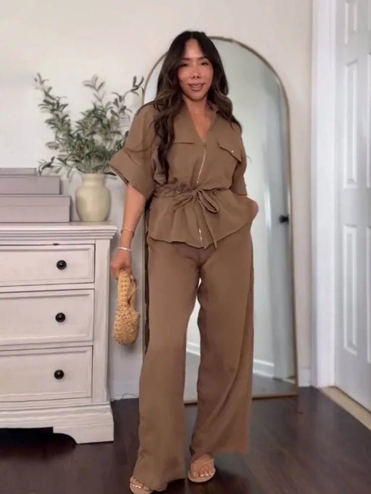 HH Women Pants Suit Solid Short Sleeve Zipper Pocket Drawstring Design Shirt Top+Elastic Waist Loose Casual Wide-leg Pants - Mom & Kids