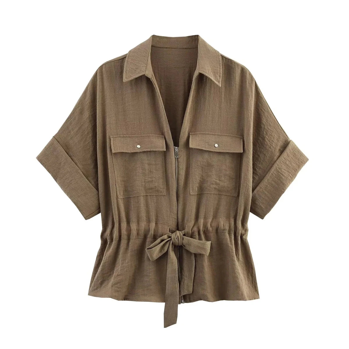 HH Women Pants Suit Solid Short Sleeve Zipper Pocket Drawstring Design Shirt Top+Elastic Waist Loose Casual Wide-leg Pants - Mom & Kids