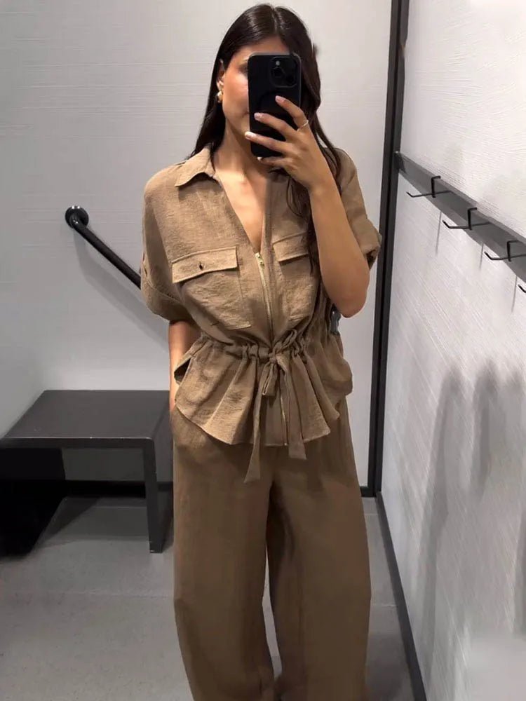 HH Women Pants Suit Solid Short Sleeve Zipper Pocket Drawstring Design Shirt Top+Elastic Waist Loose Casual Wide-leg Pants - Mom & Kids