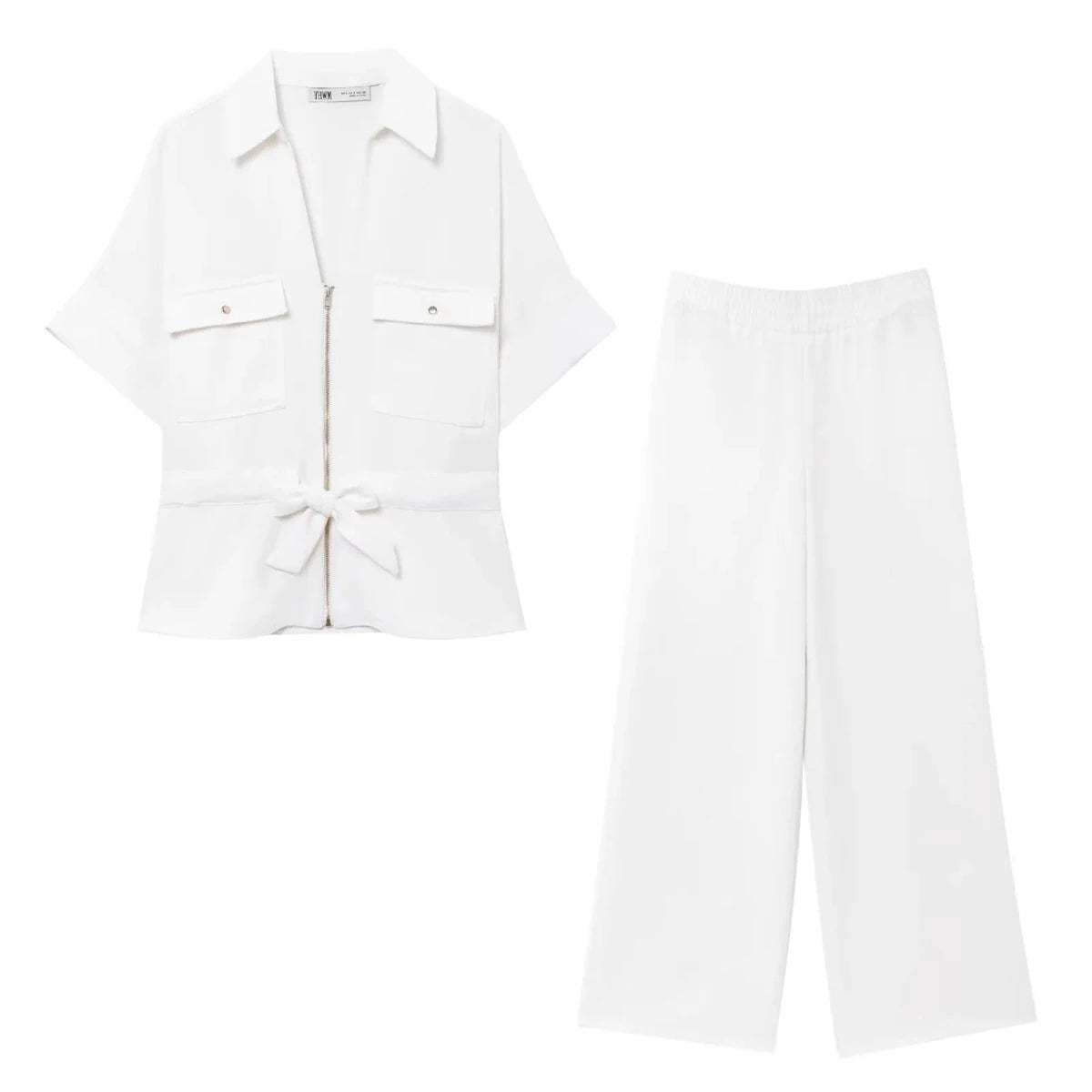 HH Women Pants Suit Solid Short Sleeve Zipper Pocket Drawstring Design Shirt Top+Elastic Waist Loose Casual Wide-leg Pants - Mom & Kids