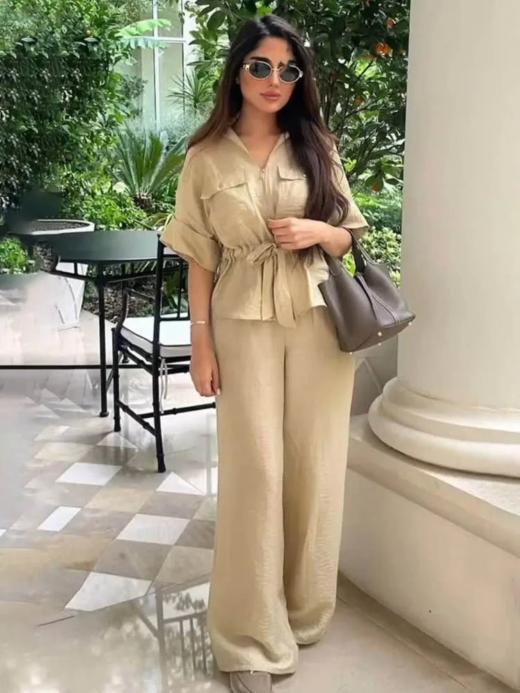 HH Women Pants Suit Solid Short Sleeve Zipper Pocket Drawstring Design Shirt Top+Elastic Waist Loose Casual Wide-leg Pants - Mom & Kids