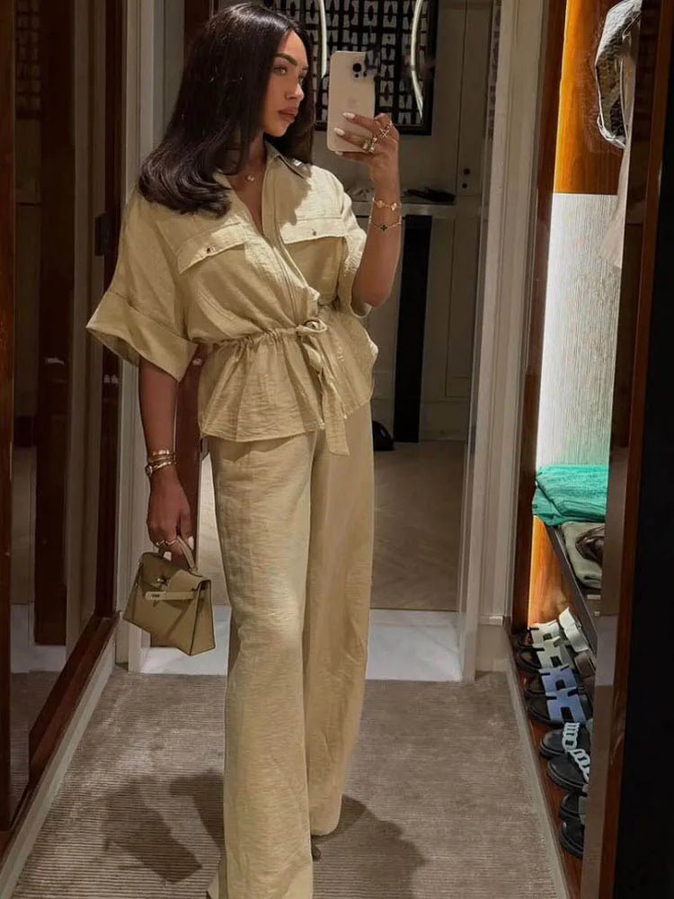 HH Women Pants Suit Solid Short Sleeve Zipper Pocket Drawstring Design Shirt Top+Elastic Waist Loose Casual Wide-leg Pants - Mom & Kids
