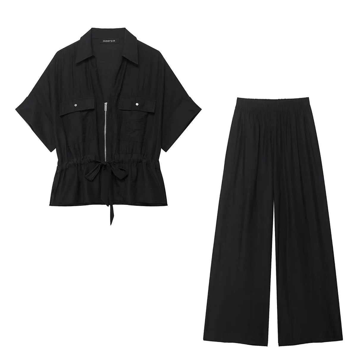 HH Women Pants Suit Solid Short Sleeve Zipper Pocket Drawstring Design Shirt Top+Elastic Waist Loose Casual Wide-leg Pants - Mom & Kids