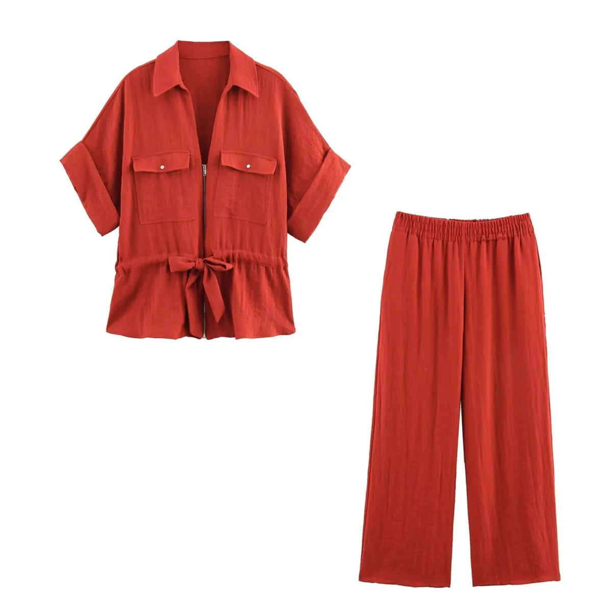 HH Women Pants Suit Solid Short Sleeve Zipper Pocket Drawstring Design Shirt Top+Elastic Waist Loose Casual Wide-leg Pants - Mom & Kids