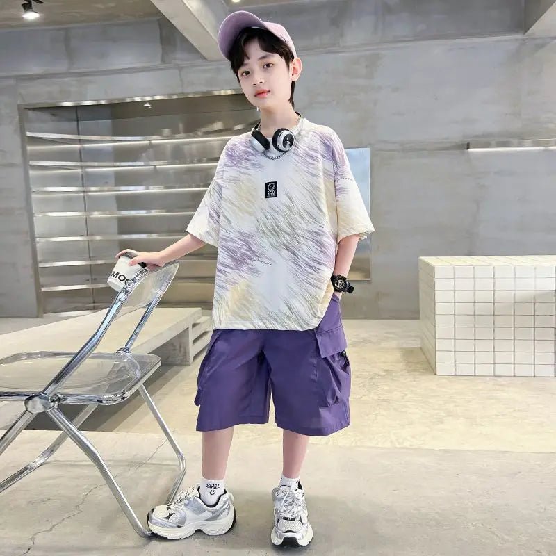 Hip Hop Children Cotton Solid Sportswear Kid Boys Clothing Set Boys Summer Suit Teen Boys Short Sleeve + Pants 2piece loose - Mom & Kids