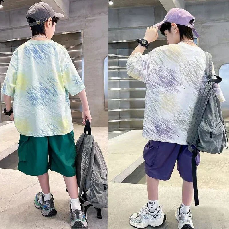 Hip Hop Children Cotton Solid Sportswear Kid Boys Clothing Set Boys Summer Suit Teen Boys Short Sleeve + Pants 2piece loose - Mom & Kids
