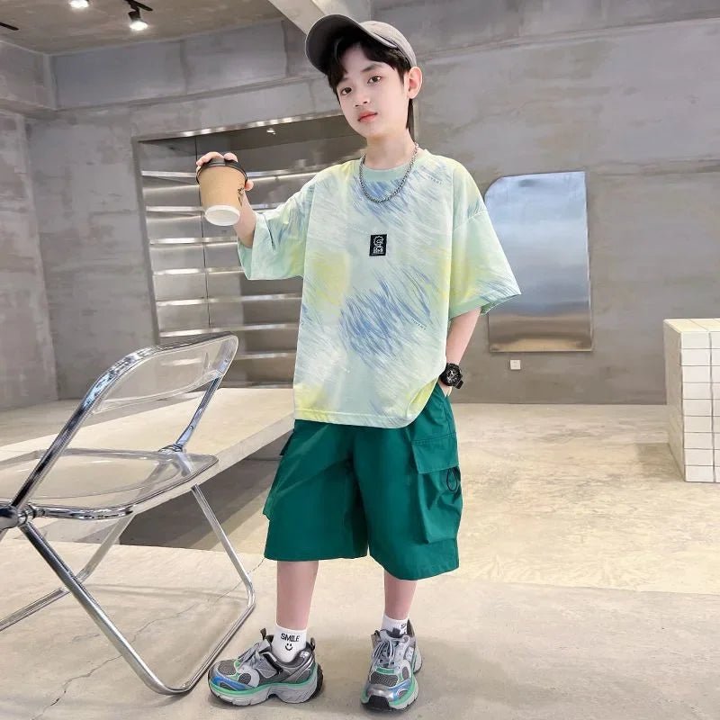 Hip Hop Children Cotton Solid Sportswear Kid Boys Clothing Set Boys Summer Suit Teen Boys Short Sleeve + Pants 2piece loose - Mom & Kids