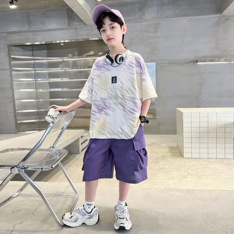 Hip Hop Children Cotton Solid Sportswear Kid Boys Clothing Set Boys Summer Suit Teen Boys Short Sleeve + Pants 2piece loose - Mom & Kids