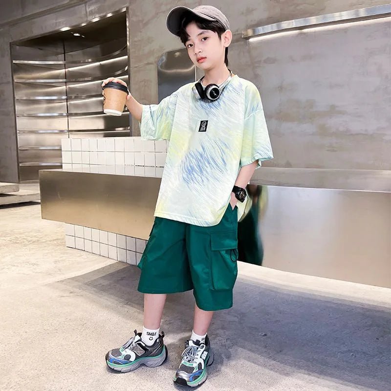 Hip Hop Children Cotton Solid Sportswear Kid Boys Clothing Set Boys Summer Suit Teen Boys Short Sleeve + Pants 2piece loose - Mom & Kids