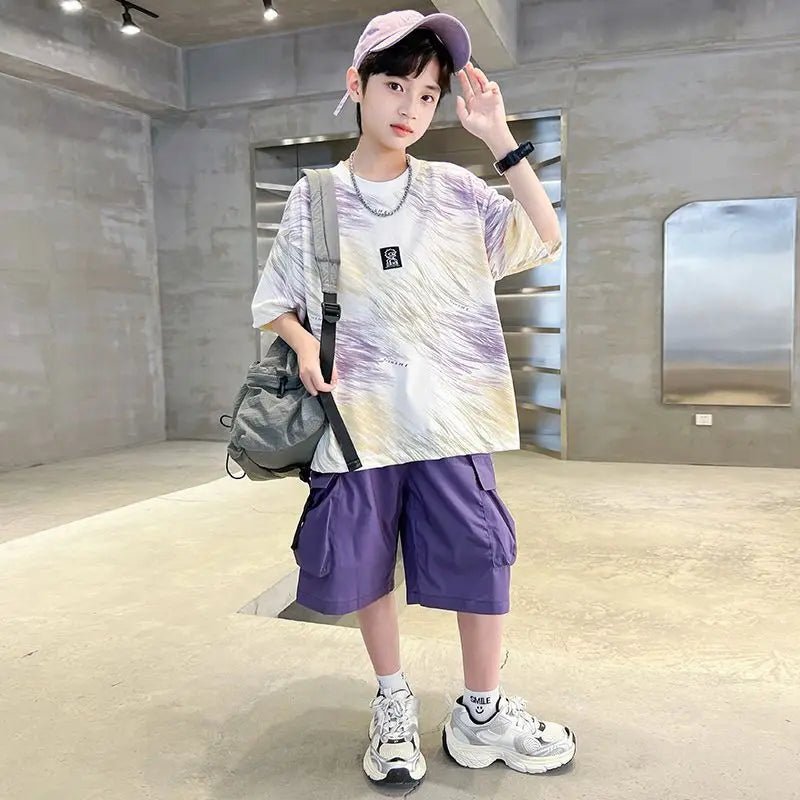 Hip Hop Children Cotton Solid Sportswear Kid Boys Clothing Set Boys Summer Suit Teen Boys Short Sleeve + Pants 2piece loose - Mom & Kids
