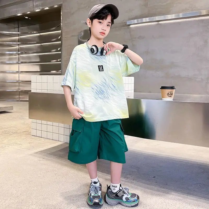 Hip Hop Children Cotton Solid Sportswear Kid Boys Clothing Set Boys Summer Suit Teen Boys Short Sleeve + Pants 2piece loose - Mom & Kids