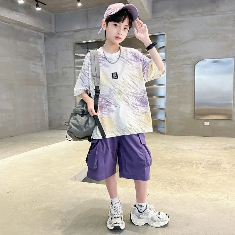 Hip Hop Children Cotton Solid Sportswear Kid Boys Clothing Set Boys Summer Suit Teen Boys Short Sleeve + Pants 2piece loose - Mom & Kids