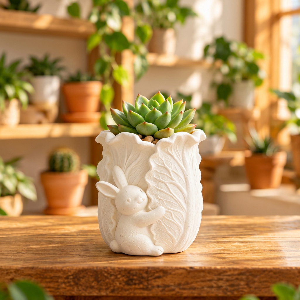 White bunny leaf embossed mini flower pot with succulent