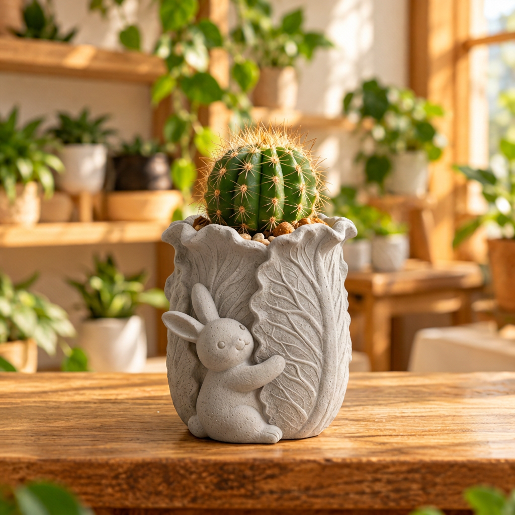 Grey bunny leaf embossed mini flower pot with cactus