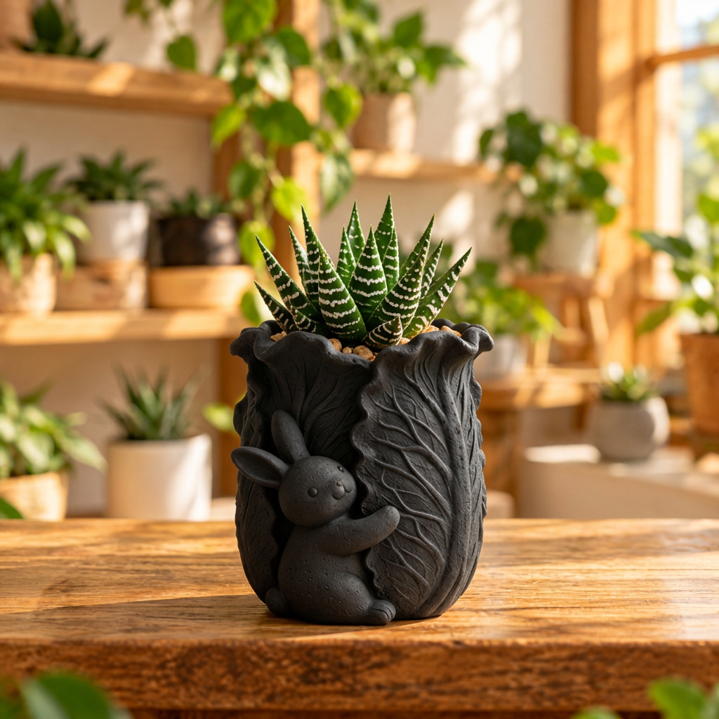 Black bunny leaf embossed mini flower pot with haworthia succulent