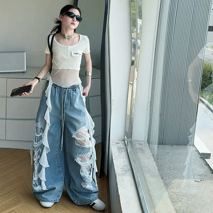 Hip-hop girl group hiphop catwalk ripped jeans jazz dance performance clothes 2pcs Set