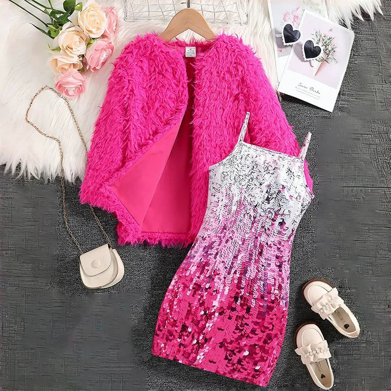 Girls solid color faux fur coat + printed dress (Available)