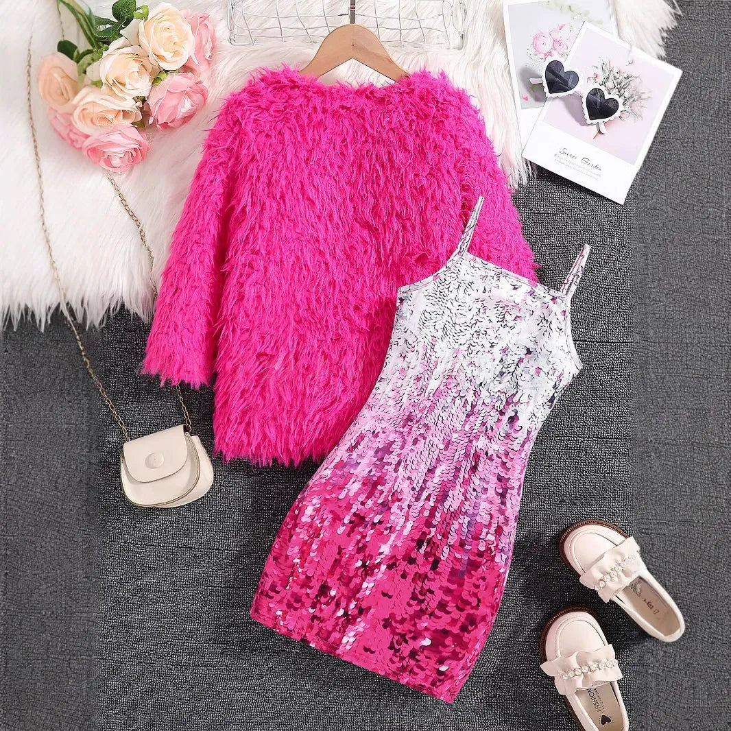 Girls solid color faux fur coat + printed dress (Available)