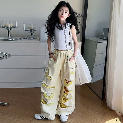 Trendy Cool Jeans Casual Vest Two-piece Set Ripped Pants