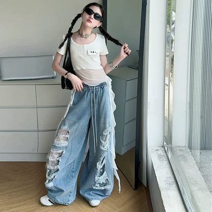 Hip-hop girl group hiphop catwalk ripped jeans jazz dance performance clothes 2pcs Set