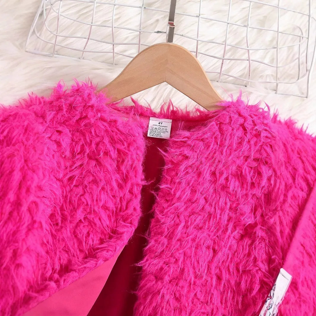 Girls solid color faux fur coat + printed dress (Available)