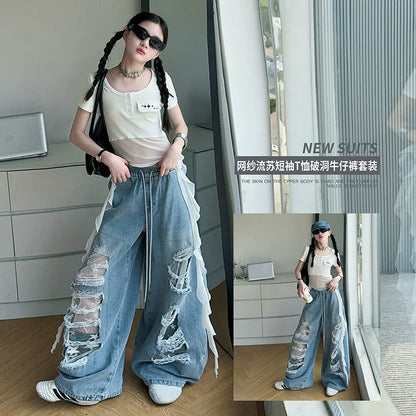 Hip-hop girl group hiphop catwalk ripped jeans jazz dance performance clothes 2pcs Set