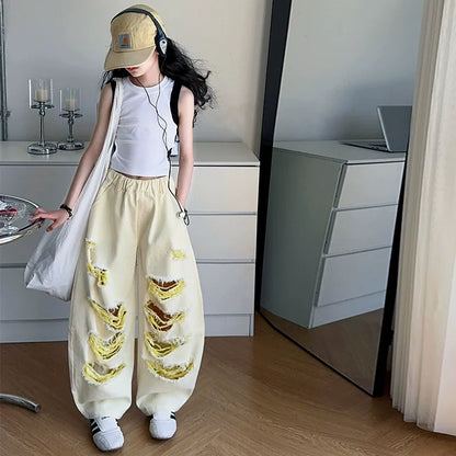 Trendy Cool Jeans Casual Vest Two-piece Set Ripped Pants