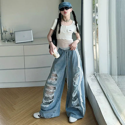 Hip-hop girl group hiphop catwalk ripped jeans jazz dance performance clothes 2pcs Set