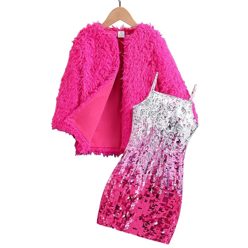 Girls solid color faux fur coat + printed dress (Available)