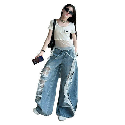 Hip-hop girl group hiphop catwalk ripped jeans jazz dance performance clothes 2pcs Set