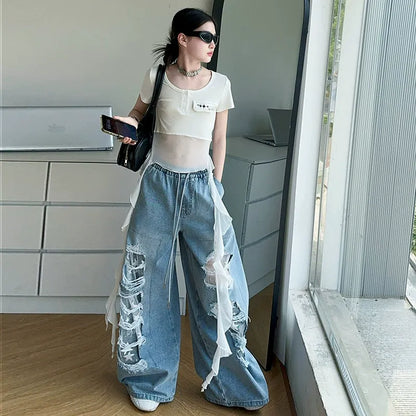 Hip-hop girl group hiphop catwalk ripped jeans jazz dance performance clothes 2pcs Set