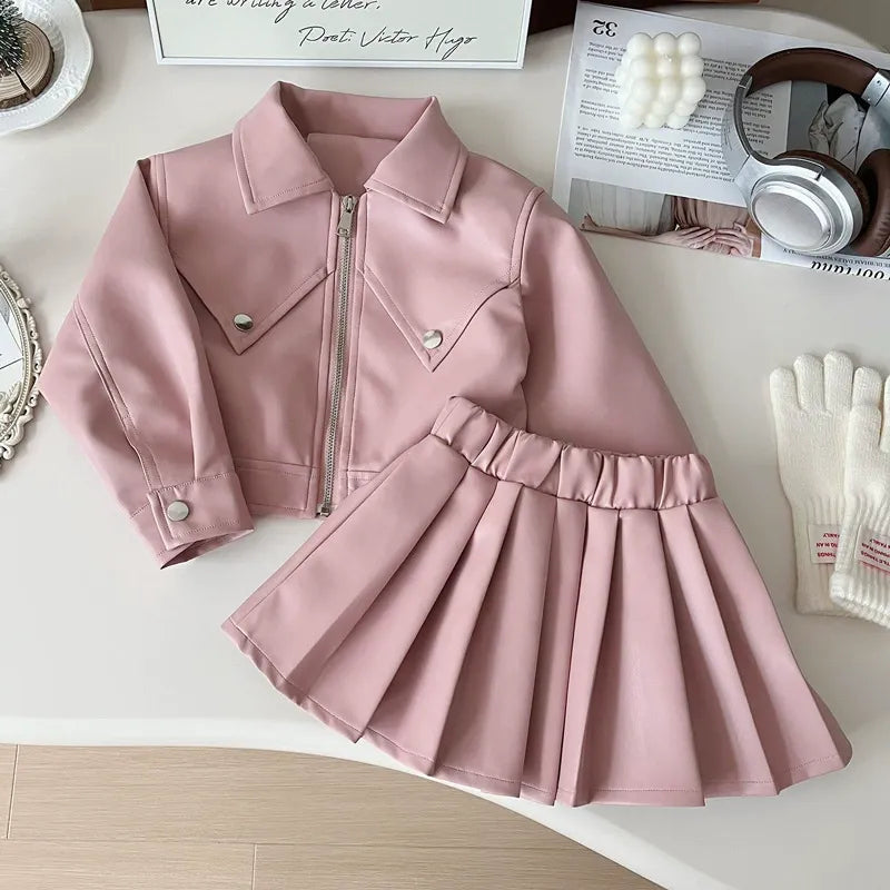 Girls autumn pu leather suit little girl Korean style fashionable motorcycle suit children's leather jacket pleated skirt two-piece suit (Available)