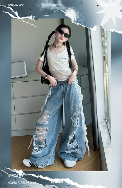 Hip-hop girl group hiphop catwalk ripped jeans jazz dance performance clothes 2pcs Set