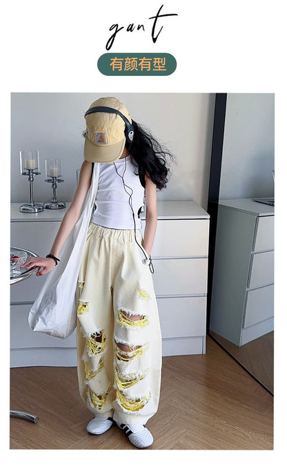 Trendy Cool Jeans Casual Vest Two-piece Set Ripped Pants