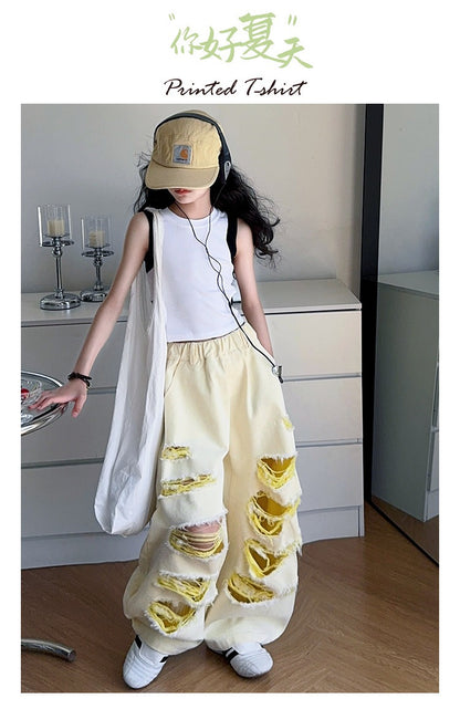 Trendy Cool Jeans Casual Vest Two-piece Set Ripped Pants